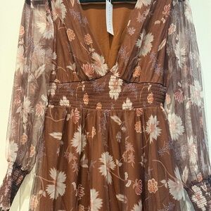 Baltic Born Floral Long Sleeve Dress in Brown and Cream